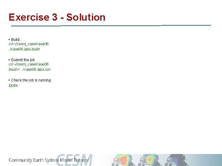 Exercise 3 - Solution • Build: cd ~/cesm_case/case 06. alps. build • Submit the