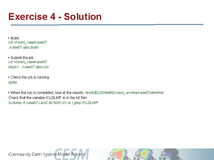 Exercise 4 - Solution • Build: cd ~/cesm_case/case 07. alps. build • Submit the