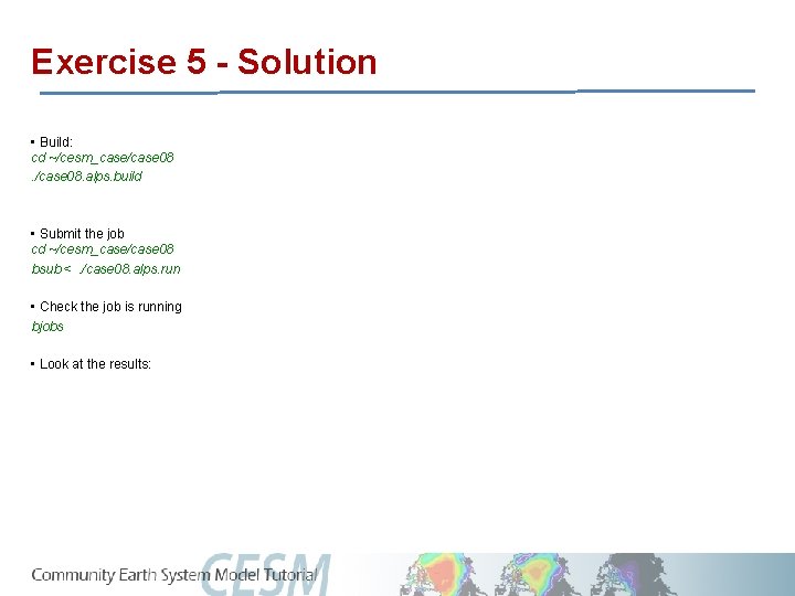 Exercise 5 - Solution • Build: cd ~/cesm_case/case 08. alps. build • Submit the