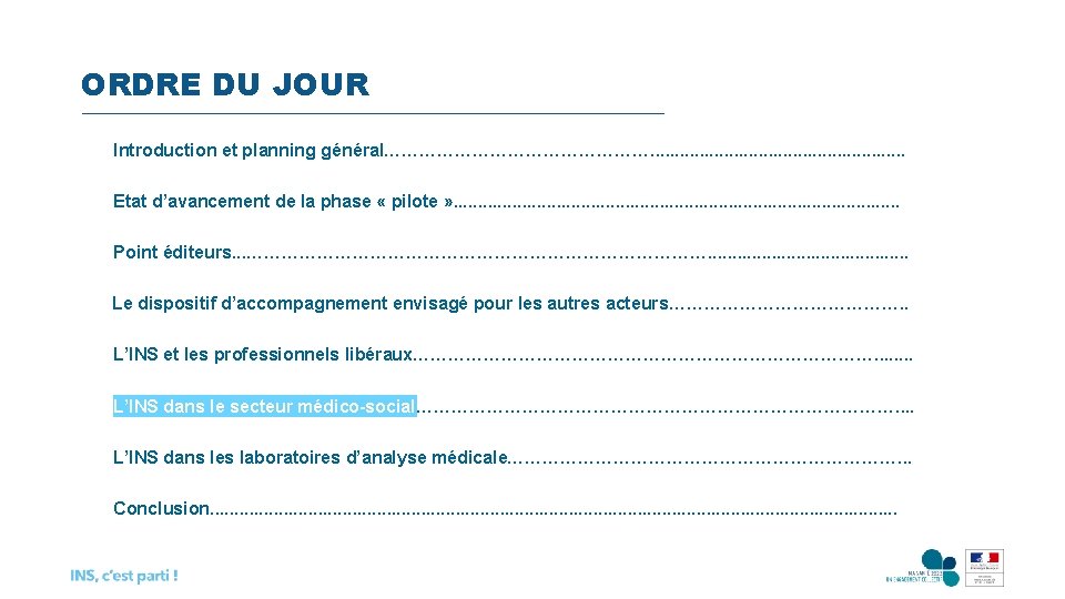 ORDRE DU JOUR Introduction et planning général……………………. . . . Etat d’avancement de la