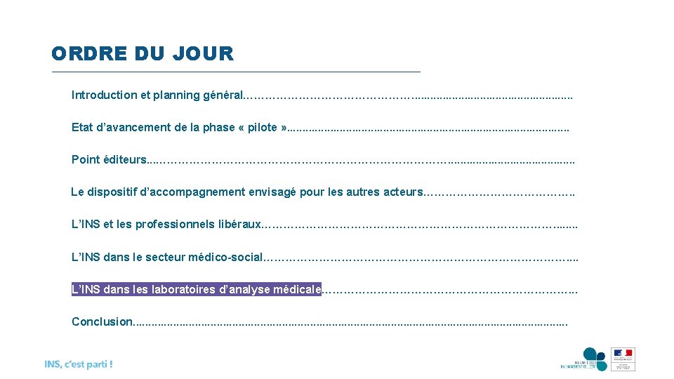 ORDRE DU JOUR Introduction et planning général……………………. . . . Etat d’avancement de la