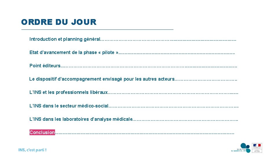 ORDRE DU JOUR Introduction et planning général……………………. . . . Etat d’avancement de la