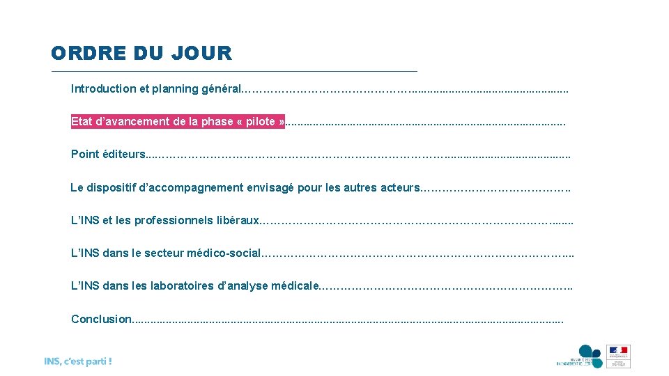 ORDRE DU JOUR Introduction et planning général……………………. . . . Etat d’avancement de la