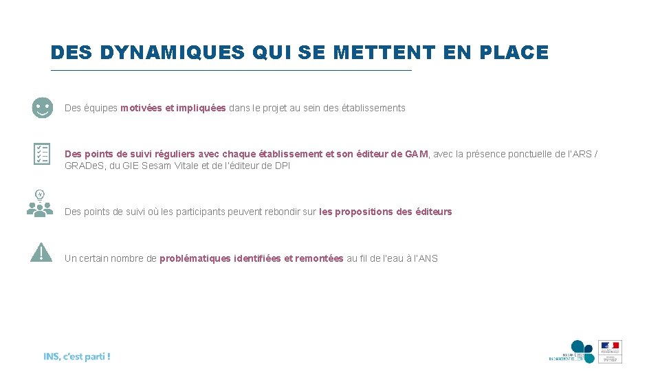 DES DYNAMIQUES QUI SE METTENT EN PLACE Des équipes motivées et impliquées dans le