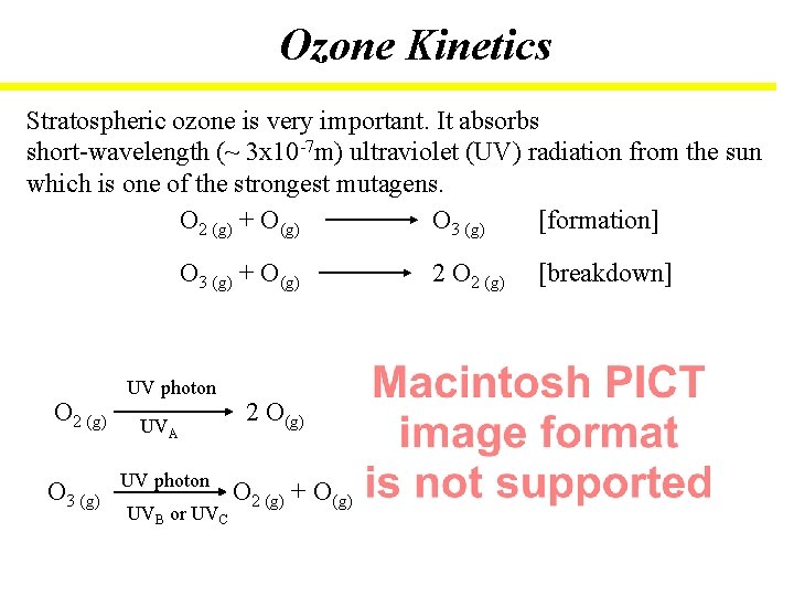 Ozone Kinetics Stratospheric ozone is very important. It absorbs short-wavelength (~ 3 x 10