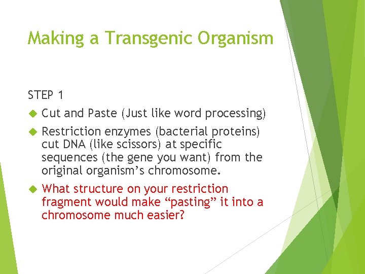 Making a Transgenic Organism STEP 1 Cut and Paste (Just like word processing) Restriction