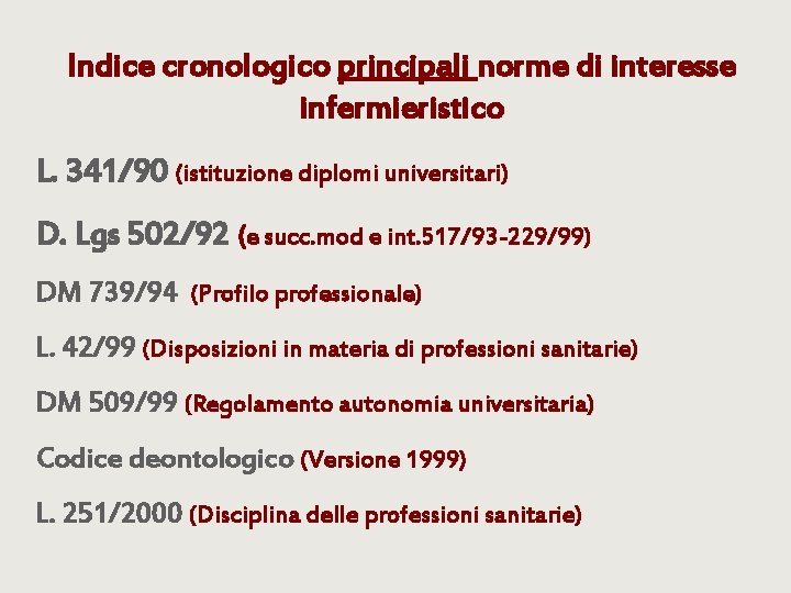 Indice cronologico principali norme di interesse infermieristico L. 341/90 (istituzione diplomi universitari) D. Lgs
