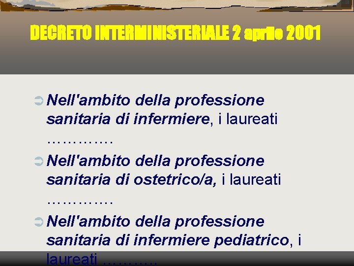 DECRETO INTERMINISTERIALE 2 aprile 2001 Ü Nell'ambito della professione sanitaria di infermiere, i laureati