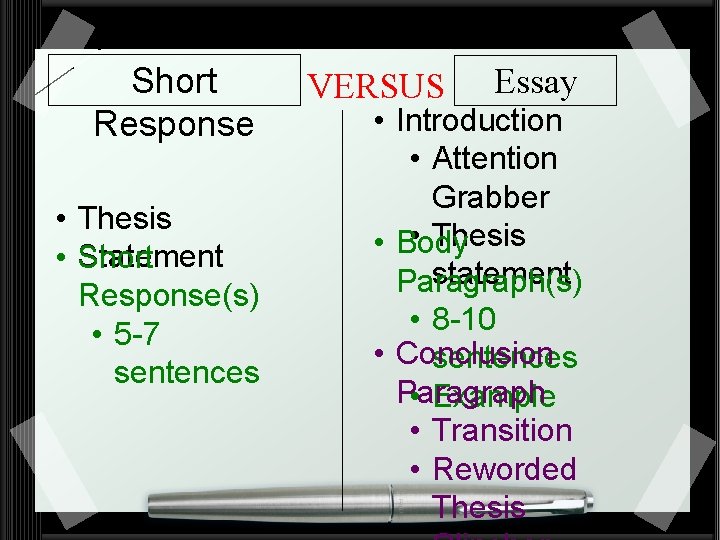 Short Response • Thesis Statement • Short Response(s) • 5 -7 sentences VERSUS Essay