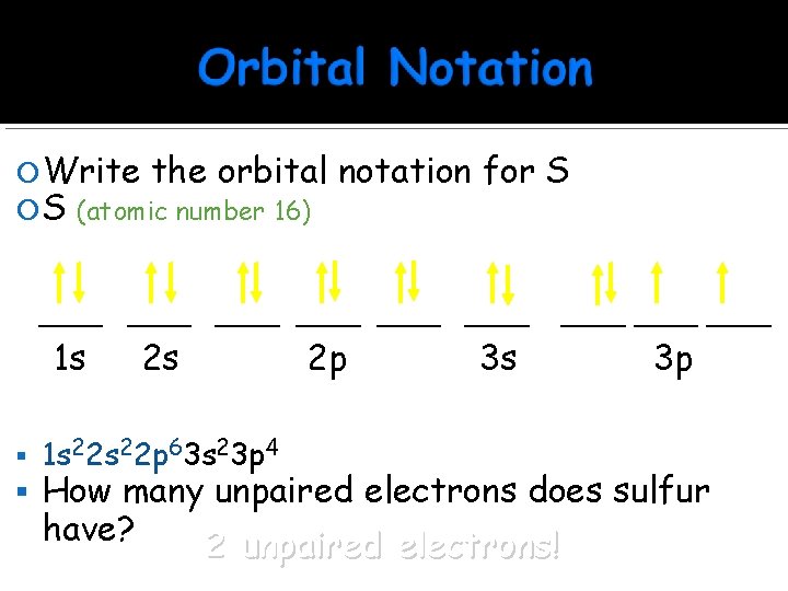  Write the orbital S (atomic number 16) notation for S ____ ____ 1
