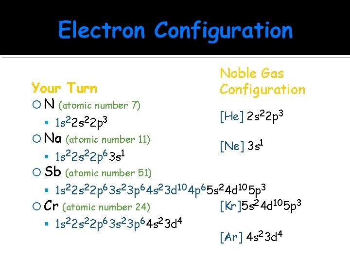 Your Turn N (atomic number 7) 1 s 22 p 3 Na (atomic number