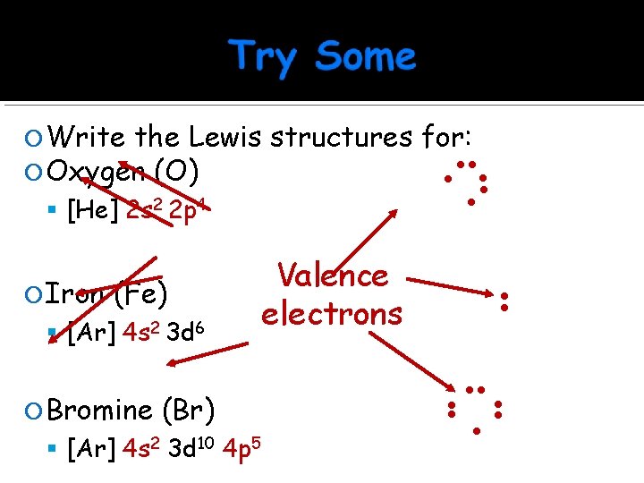  Write the Lewis Oxygen (O) [He] Iron structures for: 2 s 2 2