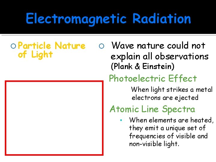  Particle of Light Nature Wave nature could not explain all observations (Plank &