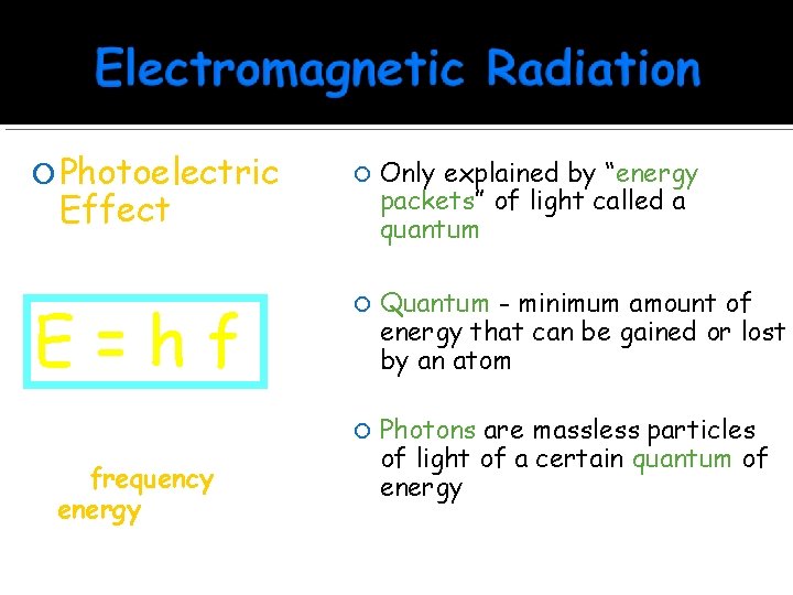  Photoelectric Only explained by “energy packets” of light called a quantum E=hf Quantum