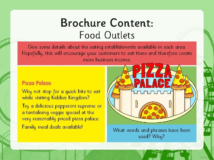 Brochure Content: Food Outlets Give some details about the eating establishments available in each
