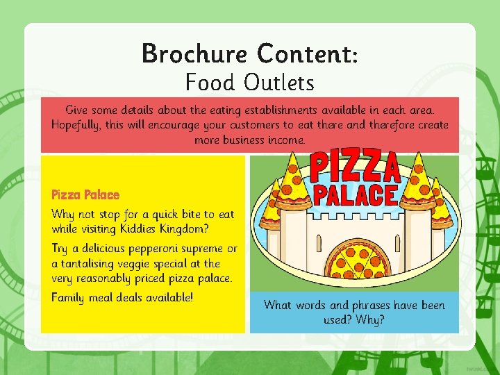 Brochure Content: Food Outlets Give some details about the eating establishments available in each Brochure Content: Food Outlets Give some details about the eating establishments available in each