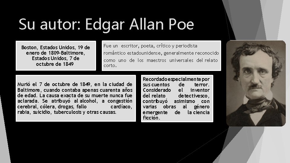Su autor: Edgar Allan Poe Boston, Estados Unidos, 19 de enero de 1809 -Baltimore,