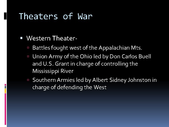 Theaters of War Western Theater Battles fought west of the Appalachian Mts. Union Army