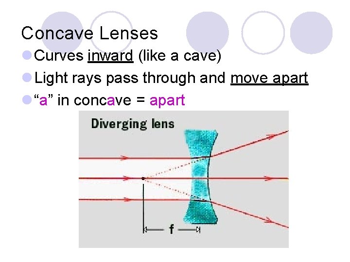 Concave Lenses l Curves inward (like a cave) l Light rays pass through and