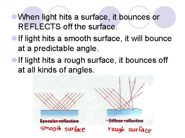 l When light hits a surface, it bounces or REFLECTS off the surface. l