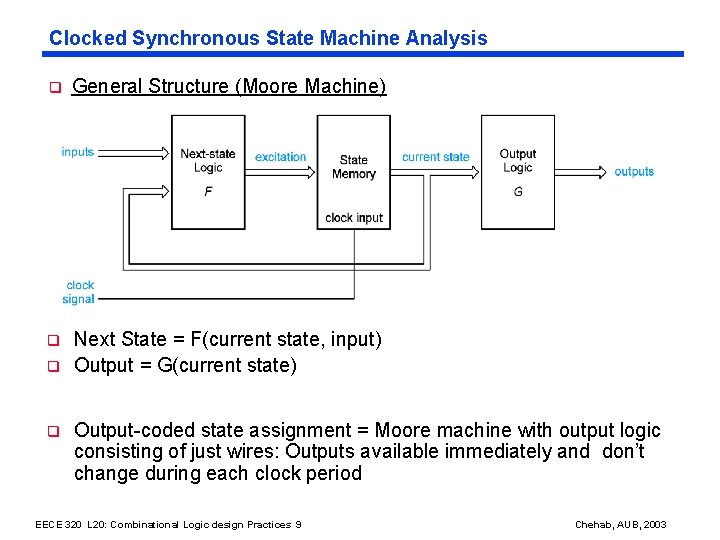 Clocked Synchronous State Machine Analysis q General Structure (Moore Machine) q Next State =