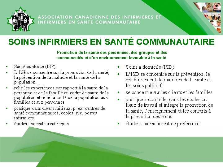 SOINS INFIRMIERS EN SANTÉ COMMUNAUTAIRE Promotion de la santé des personnes, des groupes et