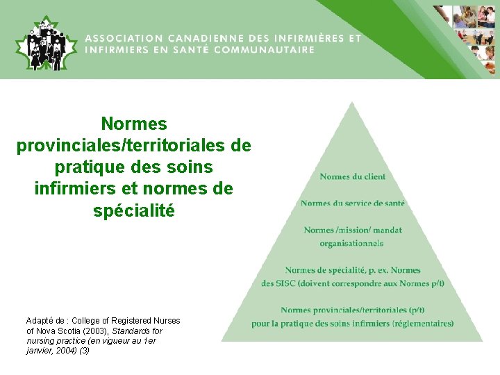 Normes provinciales/territoriales de pratique des soins infirmiers et normes de spécialité Adapté de :