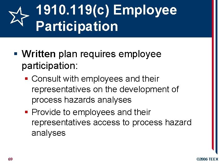 1910. 119(c) Employee Participation § Written plan requires employee participation: § Consult with employees