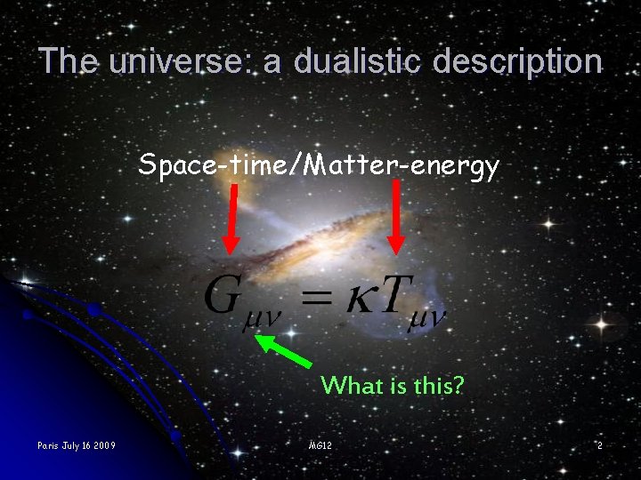 The universe: a dualistic description Space-time/Matter-energy What is this? Paris July 16 2009 MG