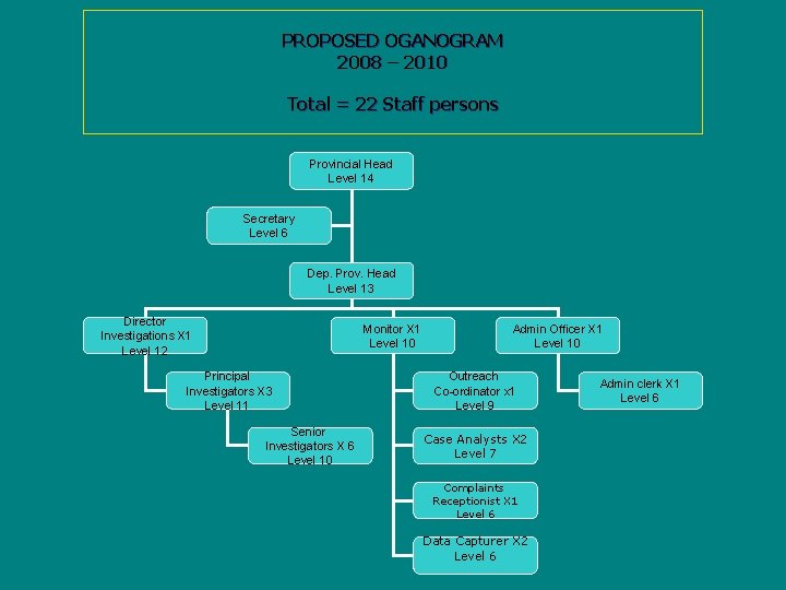 PROPOSED OGANOGRAM 2008 – 2010 Total = 22 Staff persons Provincial Head Level 14