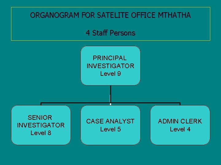 ORGANOGRAM FOR SATELITE OFFICE MTHATHA 4 Staff Persons PRINCIPAL INVESTIGATOR Level 9 SENIOR INVESTIGATOR