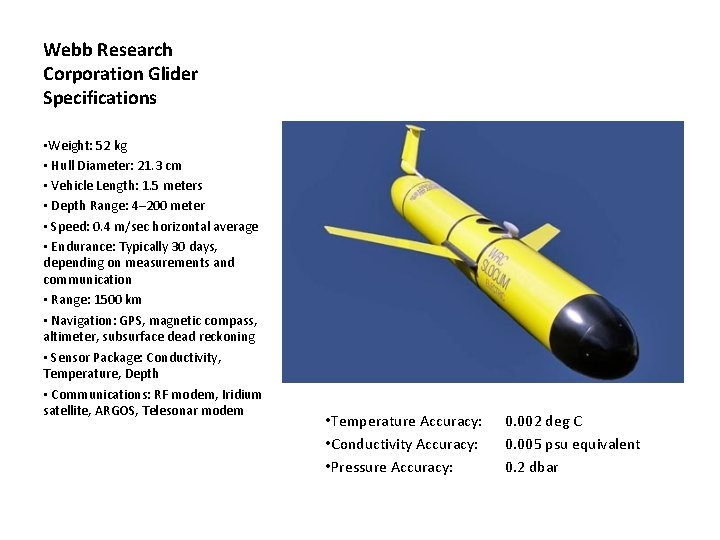Webb Research Corporation Glider Specifications • Weight: 52 kg • Hull Diameter: 21. 3 Webb Research Corporation Glider Specifications • Weight: 52 kg • Hull Diameter: 21. 3