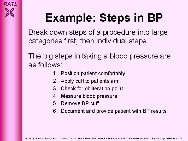 RATL Example: Steps in BP Break down steps of a procedure into large categories