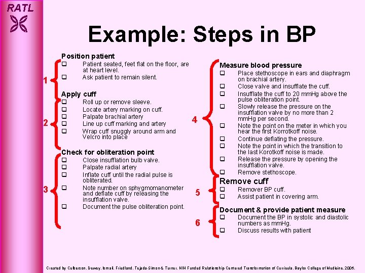 RATL Example: Steps in BP Position patient q 1 q Patient seated, feet flat