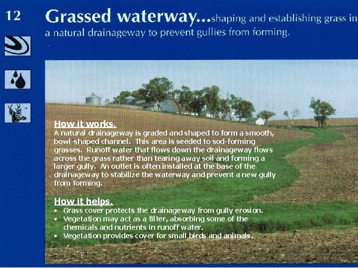 How it works. A natural drainageway is graded and shaped to form a smooth,