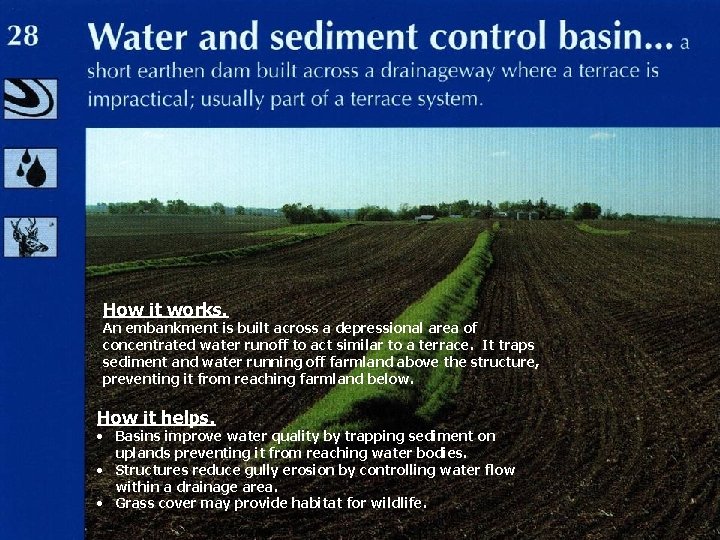 How it works. An embankment is built across a depressional area of concentrated water