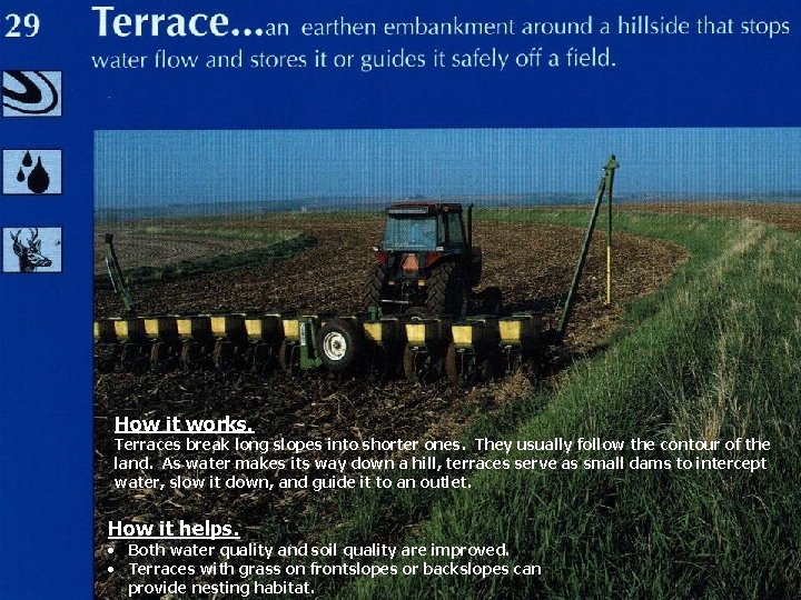 How it works. Terraces break long slopes into shorter ones. They usually follow the