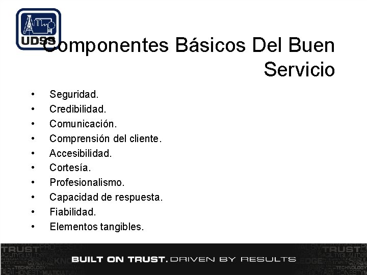 Componentes Básicos Del Buen Servicio • • • Seguridad. Credibilidad. Comunicación. Comprensión del cliente. Componentes Básicos Del Buen Servicio • • • Seguridad. Credibilidad. Comunicación. Comprensión del cliente.