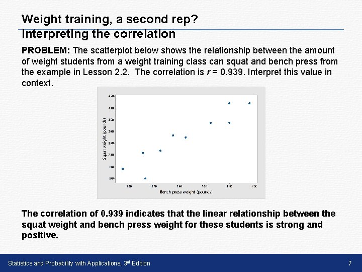 Weight training, a second rep? Interpreting the correlation PROBLEM: The scatterplot below shows the