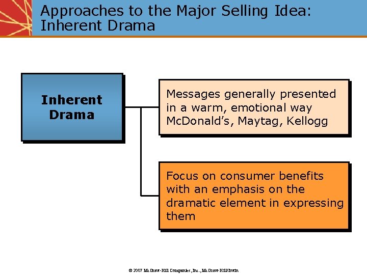 Approaches to the Major Selling Idea: Inherent Drama Messages generally presented in a warm,