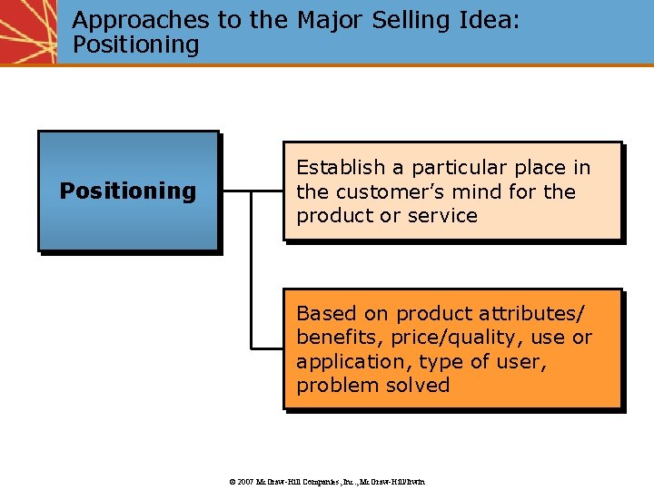 Approaches to the Major Selling Idea: Positioning Establish a particular place in the customer’s