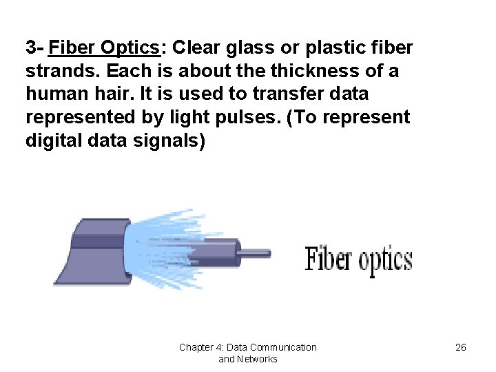 3 - Fiber Optics: Clear glass or plastic fiber strands. Each is about the