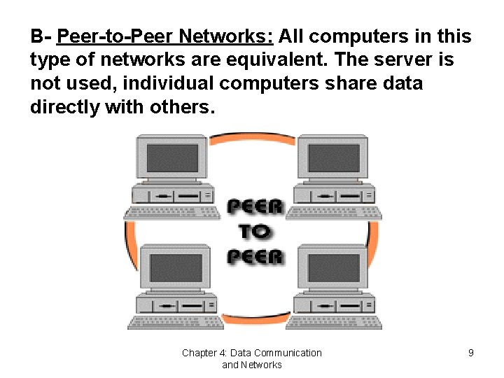 B- Peer-to-Peer Networks: All computers in this type of networks are equivalent. The server