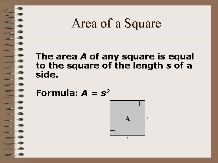 Area of a Square The area A of any square is equal to the