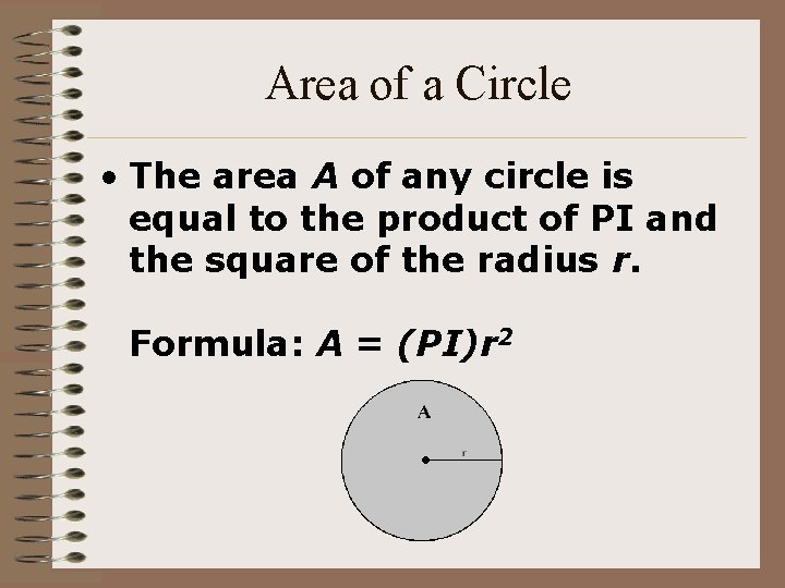 Area of a Circle • The area A of any circle is equal to