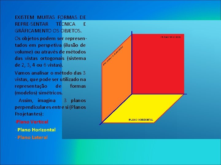 EXISTEM MUITAS FORMAS DE REPRE-SENTAR TÉCNICA E GRÁFICAMENTO OS OBJETOS. Os objetos podem ser