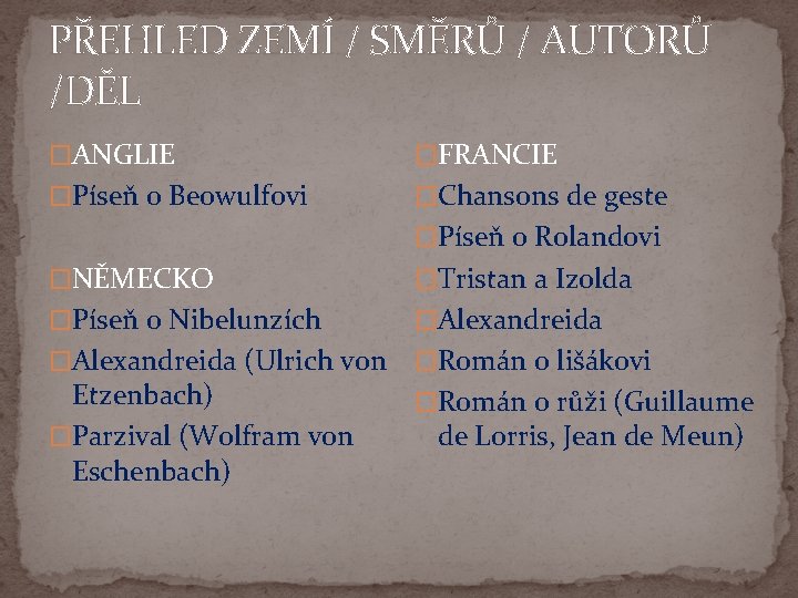 PŘEHLED ZEMÍ / SMĚRŮ / AUTORŮ /DĚL �ANGLIE �FRANCIE �Píseň o Beowulfovi �Chansons de