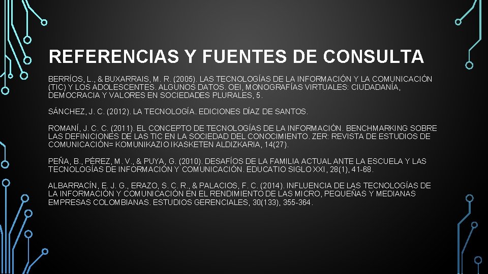 REFERENCIAS Y FUENTES DE CONSULTA BERRÍOS, L. , & BUXARRAIS, M. R. (2005). LAS