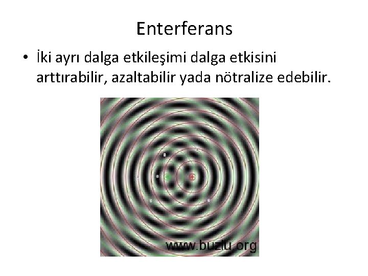 Enterferans • İki ayrı dalga etkileşimi dalga etkisini arttırabilir, azaltabilir yada nötralize edebilir. 