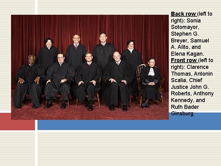 Back row (left to right): Sonia Sotomayor, Stephen G. Breyer, Samuel A. Alito, and